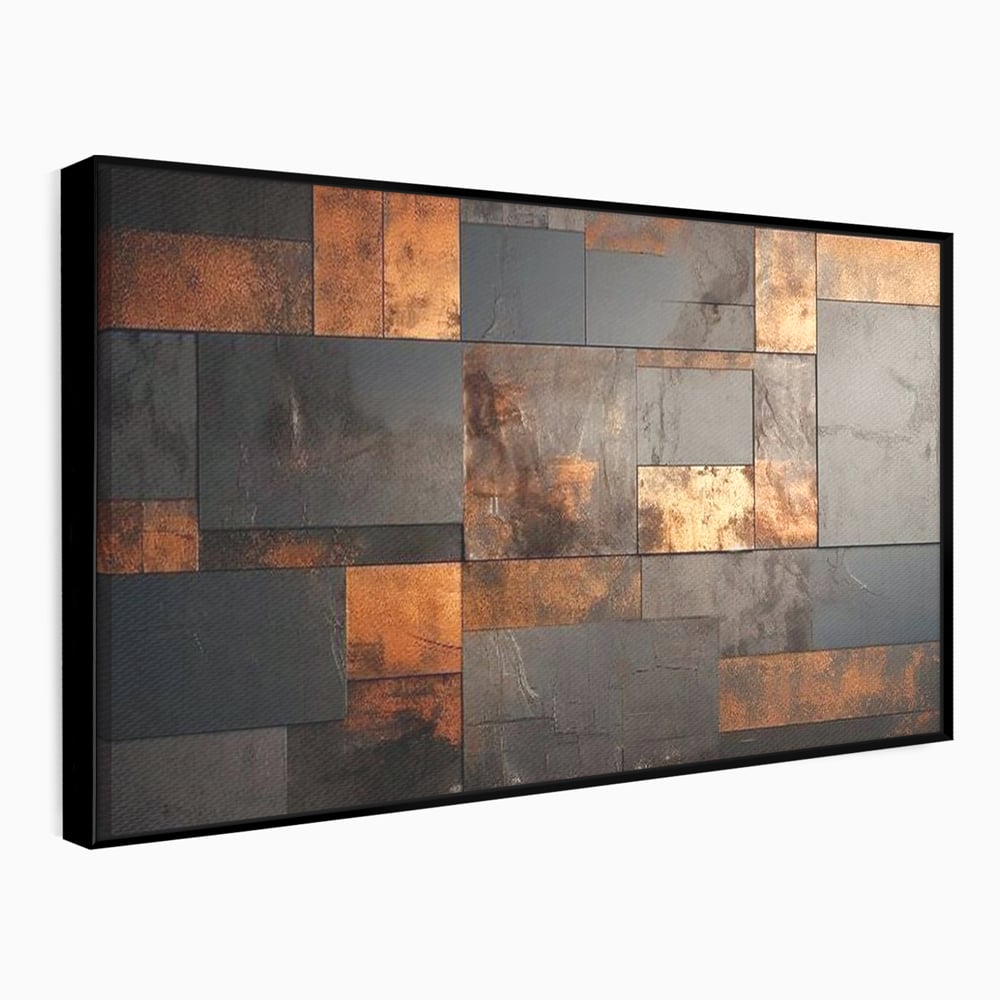 Tablou canvas cu tablou canvas cu placi geometrice metalice, in rama de aluminiu negru